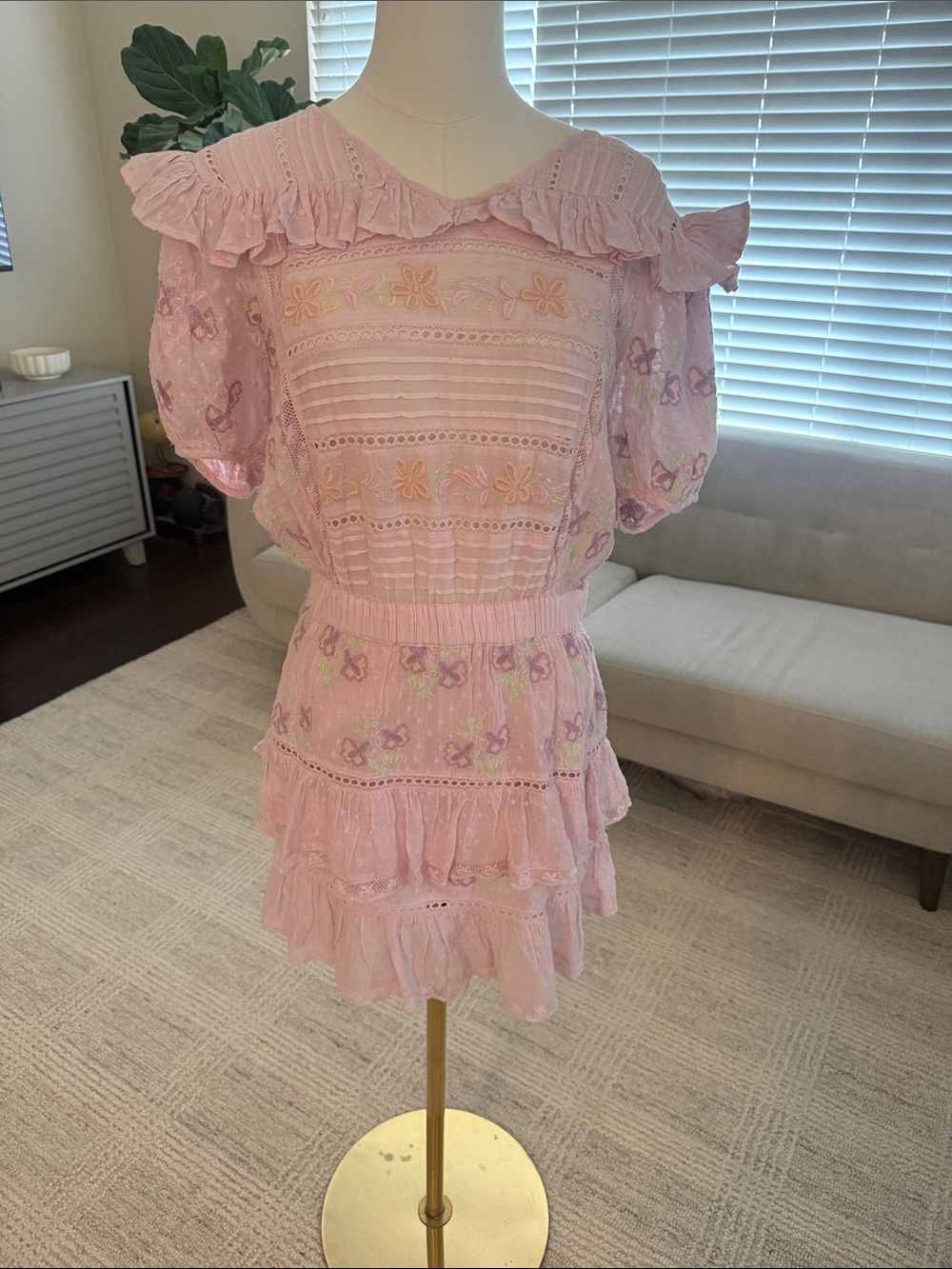 LoveShackFancy Pink Tiered Floral Embroidered Ruffle Dress